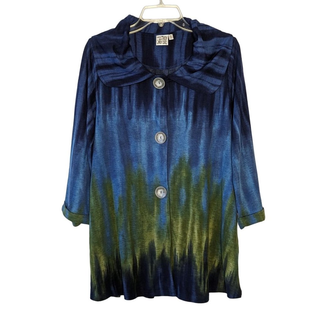 Parsley & Sage blue‎ green tie dyed 3/4" sleeve Bohemian snap buttons Tunic S